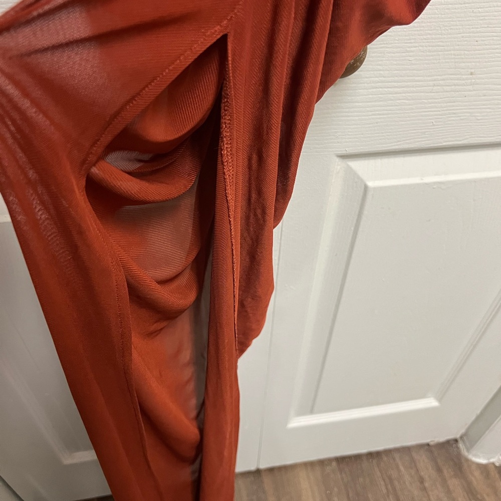 Spring Haze Rust Sheer Ruched Asymmetrical Maxi Dress - Picture 8 of 12